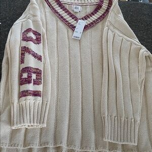 Urban Outfitters Cream V-Neck Sweater with Purple Details